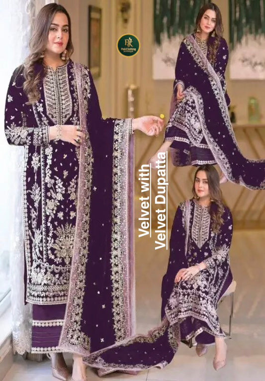 Aneela's Velvet Embroidered Hand Embellished Velvet Dupatta Collection- Plum