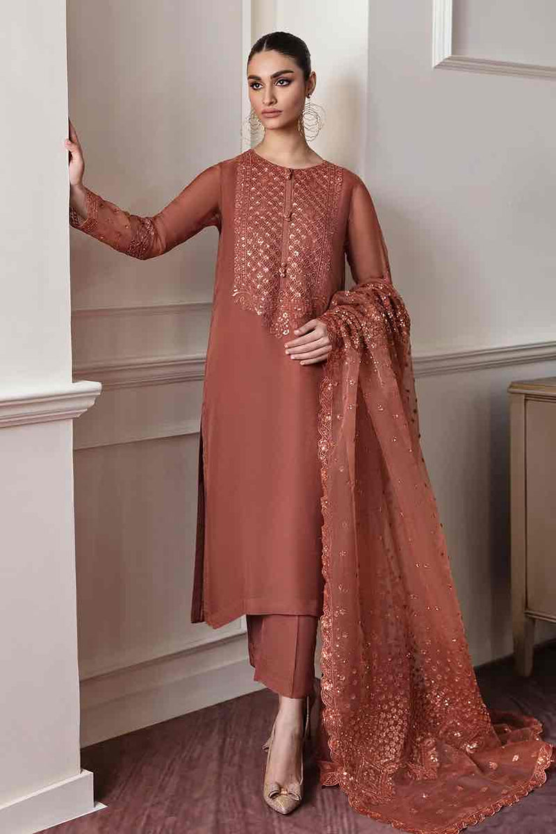 Baroque 3 piece rust embroidered chiffon suit with organza embroidered dupatta and silk straight trouser full length view⁠