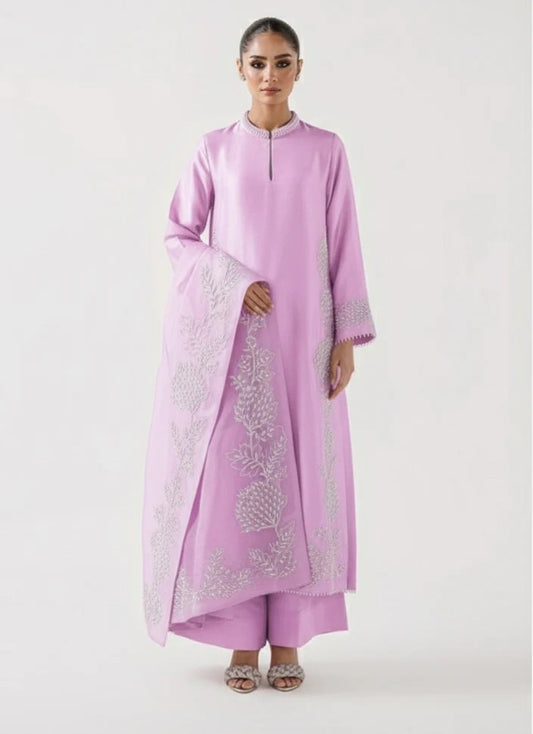Agha Noor Lava Silk Embroidered Suit with Organza Dupatta - Elegant Lavender