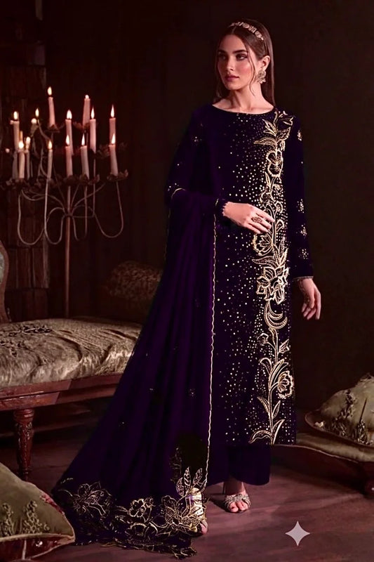 Iznik Luxury Purple Velvet Embroidered Suit | Winter Collect