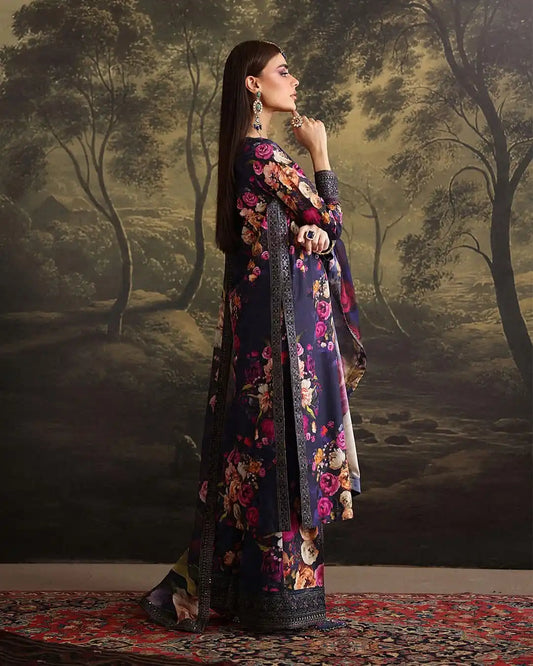 Humjoli Embroidered Dark Blue Luxury lawn Dress with Voile Dupatta