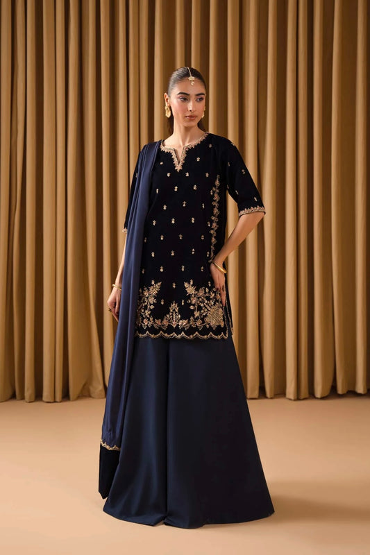 KAIDA AZURE VELVET MICRO 9000 HAND EMBELLISHED EMBROIDERED DRESS