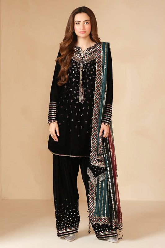 Jazmine Heavy Embroidered Black Velvet Dress