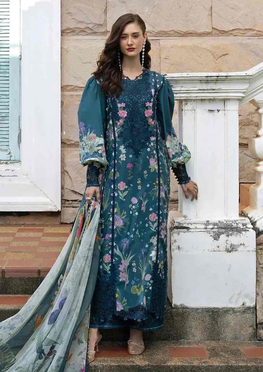 Front view of Elaf ESA 5A lawn dress featuring heavy embroidered neckline, embroidered daman, and cutwork chiffon dupatta.