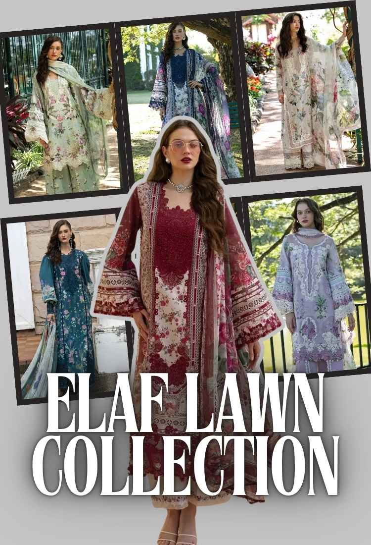 A promotional collage for the Elaf Lawn Collection, featuring a central model wearing a long maroon and beige embroidered kurta with wide patterned sleeves, surrounded by six smaller photos of other models wearing matching floral traditional outfits. Large white text at the bottom reads 'ELAF LAWN COLLECTION'.