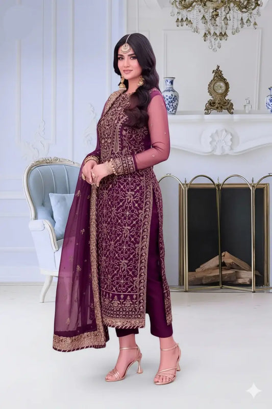 Asim Jofa Purple Chiffon 3Pc Embroidered Dress