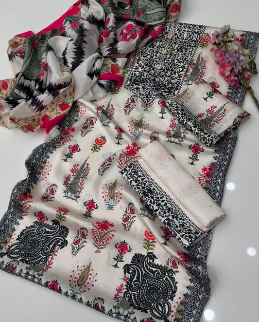Cross Stitch 3Pc Digital Shamooz Silk Dress