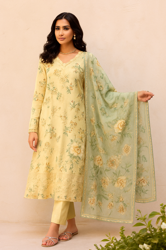 Iznik Yellow 3Pcs Embroidered Chickenkari Lawn Dress
