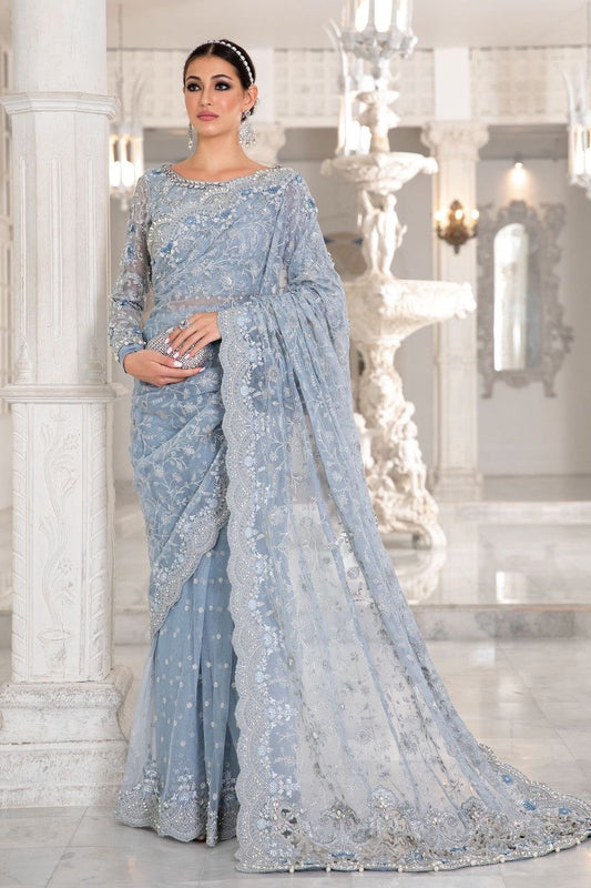 Maria B SkyBlue Net Embroidered Saree