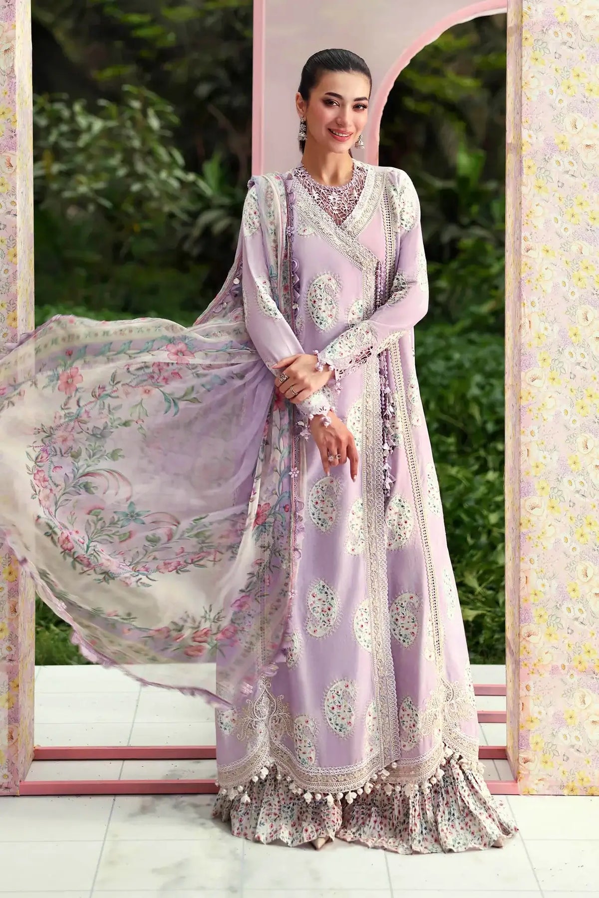 Model wearing Maria B M Prints Lawn 3009-B embroidered 3Pcs dress by pkclothing.pk⁠