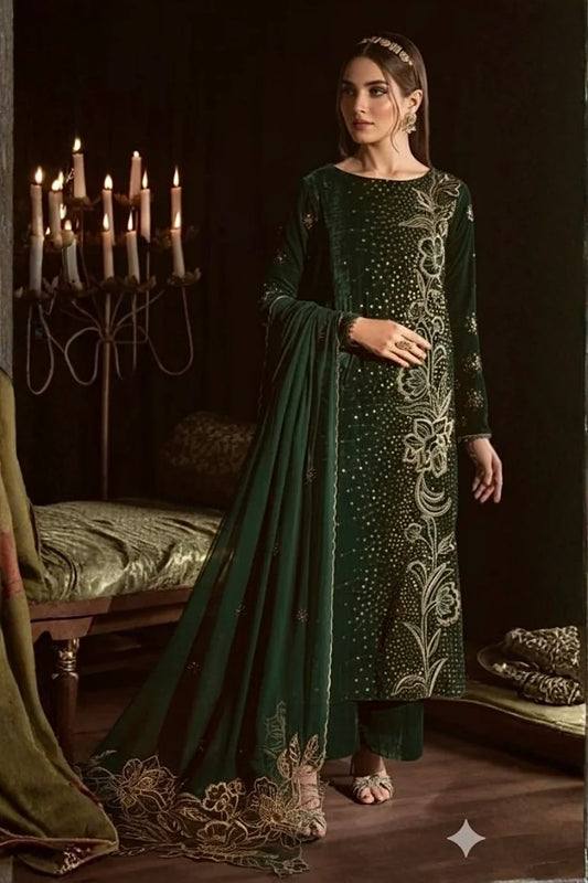 Iznik Luxury Green Velvet Embroidered Suit