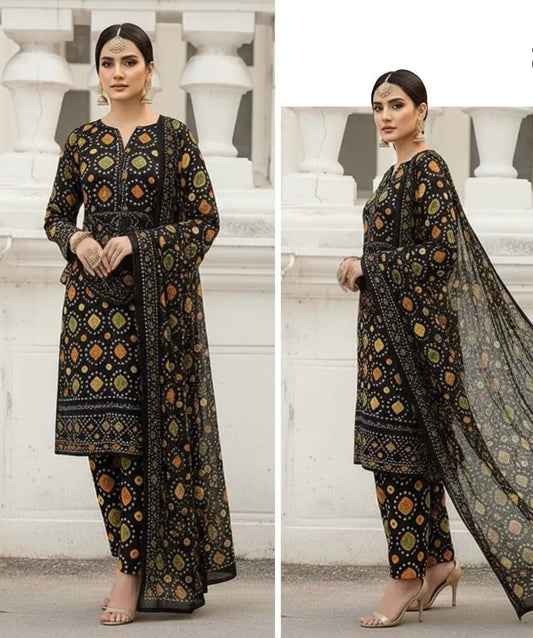 Aneela Black 3Pc Embroidered Chundri Lawn Dress