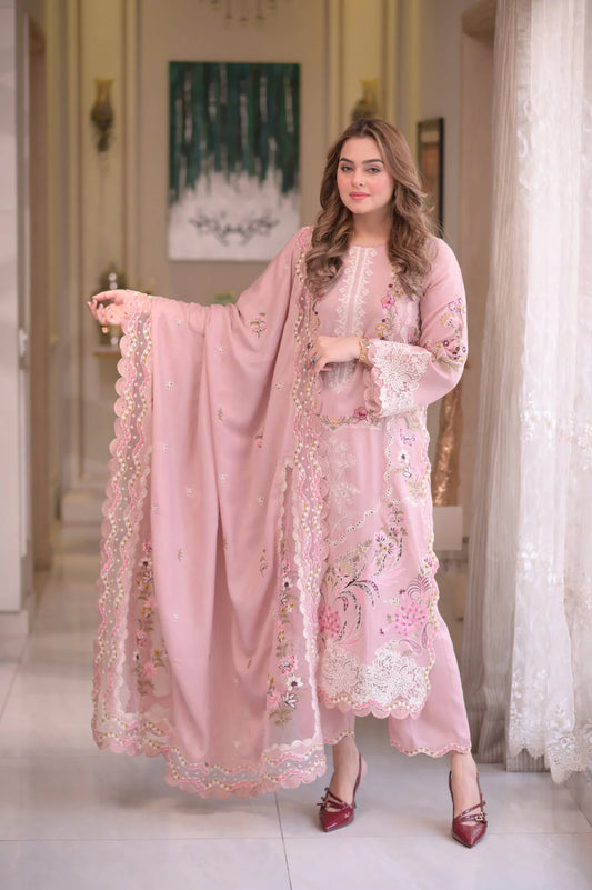 Aneela’s Peach Luxury Chickenkari Lawn Dress