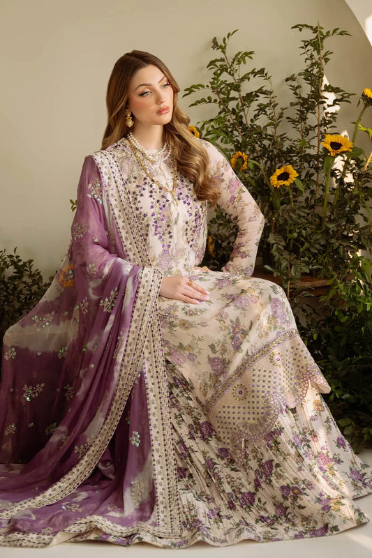 Detailed view of printed dupatta and embroidered fabric border from Nureh 3Pcs lawn collection⁠
