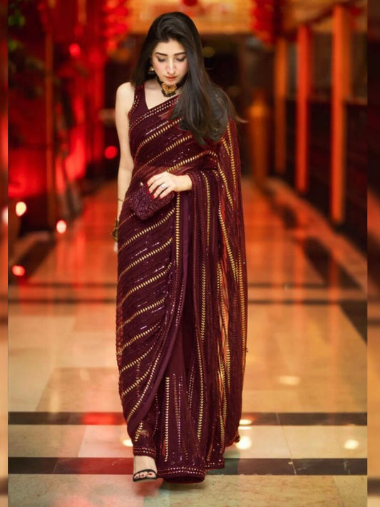 Maryam Nafees Mehroon Chiffon Saree