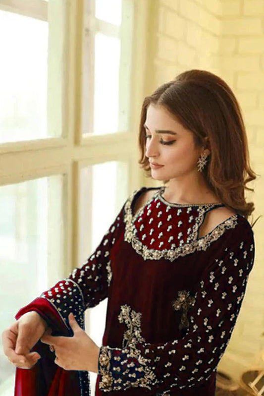 Afrozeh Embroidered Mehroon Hand Embellished Velvet Dress