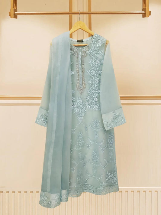 Agha Noor 3Pcs Organza Embroidered Suit- Ferozi