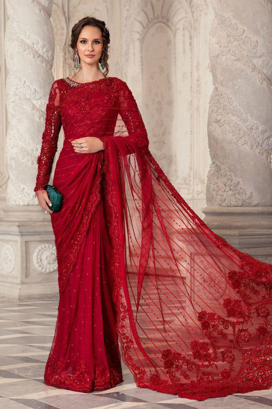 Maria B Red Embroidered Net Saree