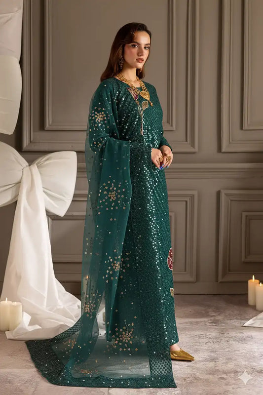 Nureh Luxury Teal Chiffon Sequence Embroidered Dress