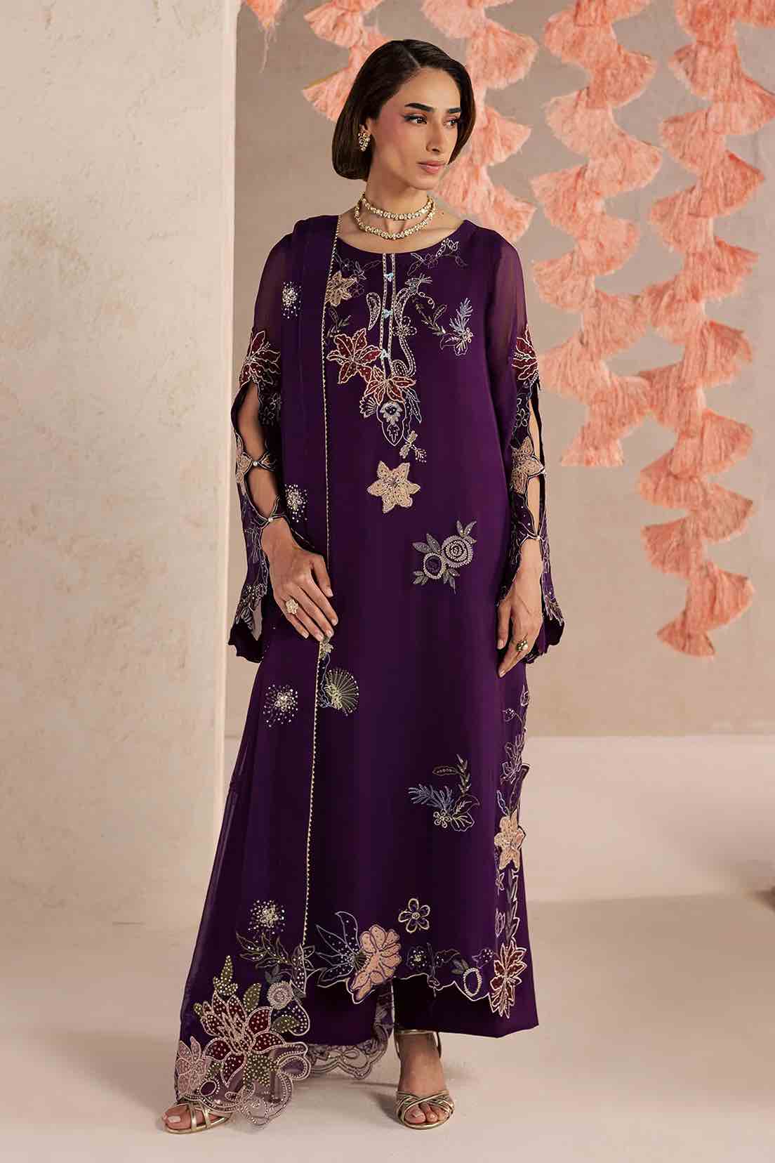 Full-length front view of Nureh Luxury Kaftan Collection deep purple Shamoz silk kaftan with heavy spangle embroidery, cut-out sleeves, and embroidered scalloped hem – Buy Now