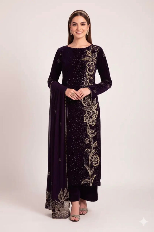 Iznik Luxury Purple Velvet Embroidered Suit | Winter Collect
