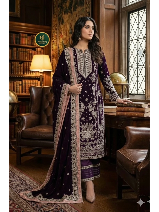 Aneela's Velvet Embroidered Hand Embellished Velvet Dupatta Collection- Plum