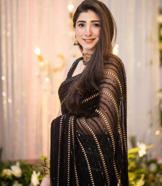 Maryam Nafees Black Chiffon Saree