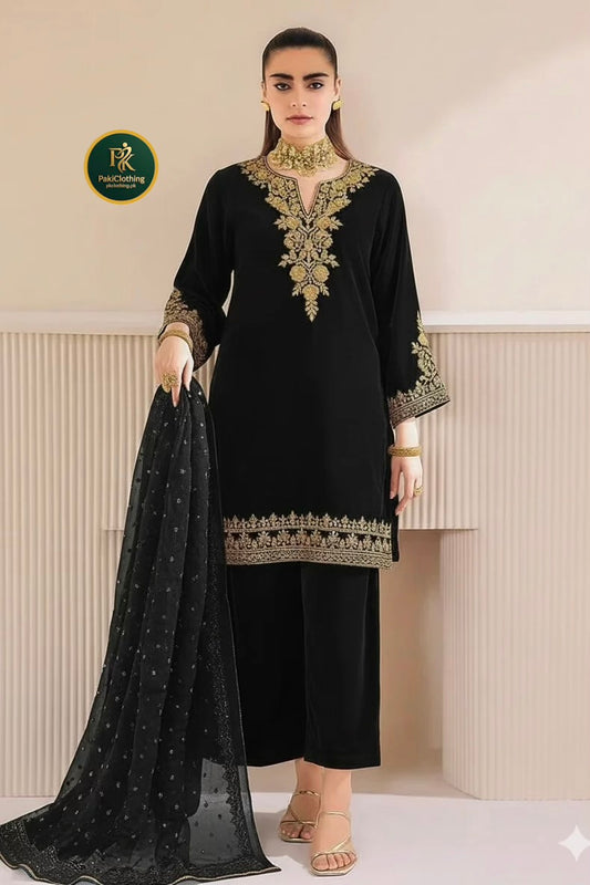 Baroque Velvet Hand Embellished 3Pc Dress - Black