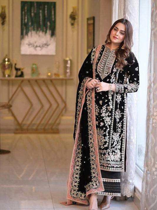 Aneela's Luxury Embroidered Hand Embellished Velvet Wedding Collection- Black