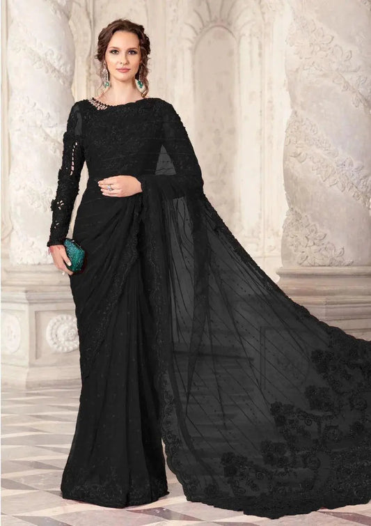 Maria B Black Embroidered Net Saree