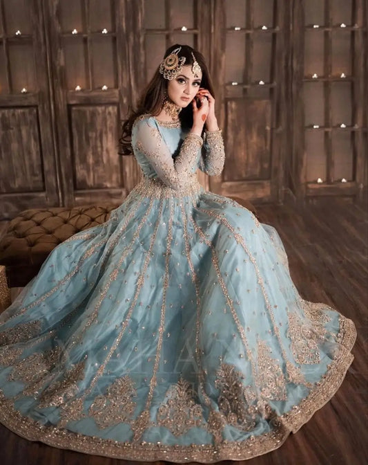 Aiman Khan Blue Maxi sitting pose