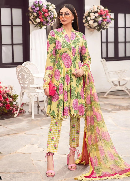 MariaB Yellow MPrint Embroidered Lawn Dress