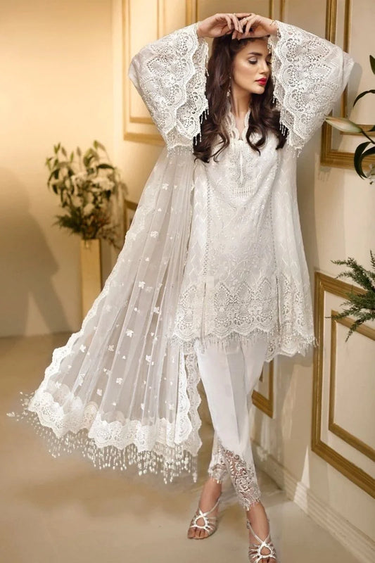 Anaya White Chiffon Embroidered Dress