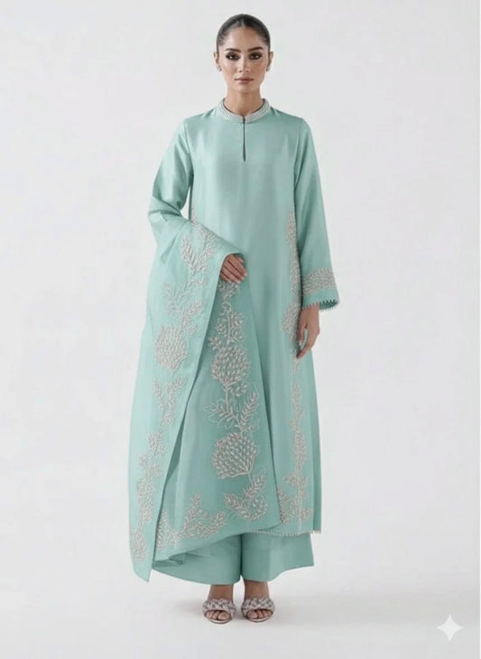 Agha Noor Sheesha Silk Embroidered & Handwork with Organza Dupatta (SkyBlue)
