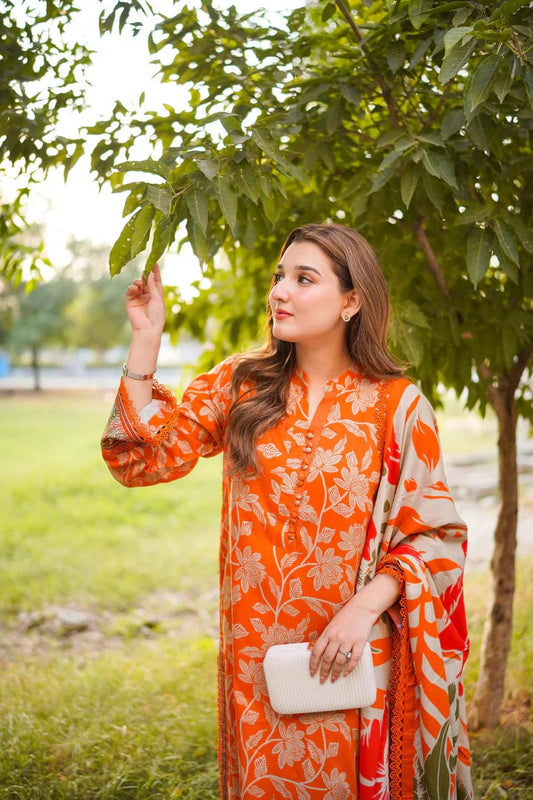 Aneela's orange Embroidered Luxury Lawn 3Pc Dress