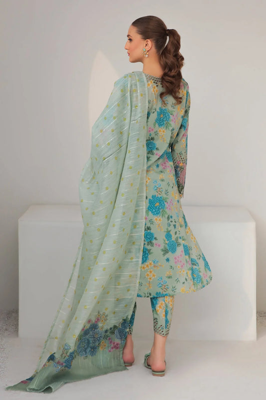 Baroque Green Embroidered Lawn Dress Back pose