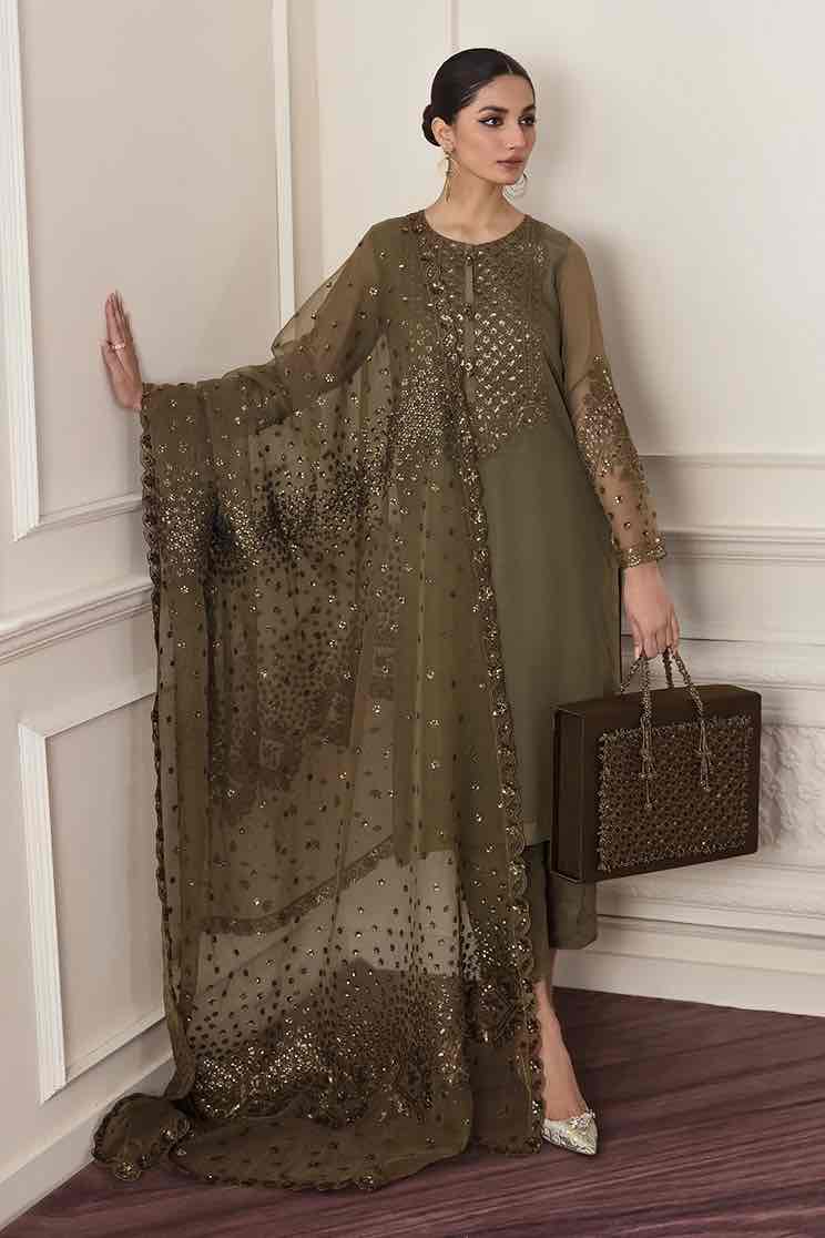 Baroque olive green embroidered chiffon 3 piece suit with sequin organza dupatta and silk trouser full length view⁠