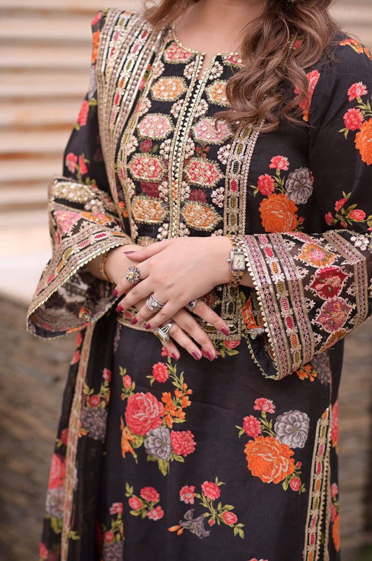 Aneelas Silk Embroidered Unstitched 3 Pc Dress