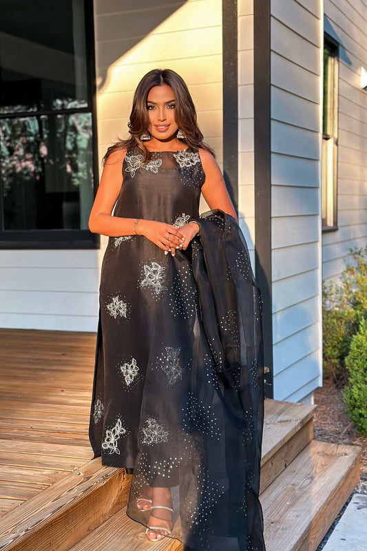 Farah Talib 3Pcs Black Organza Dress | Unstitched
