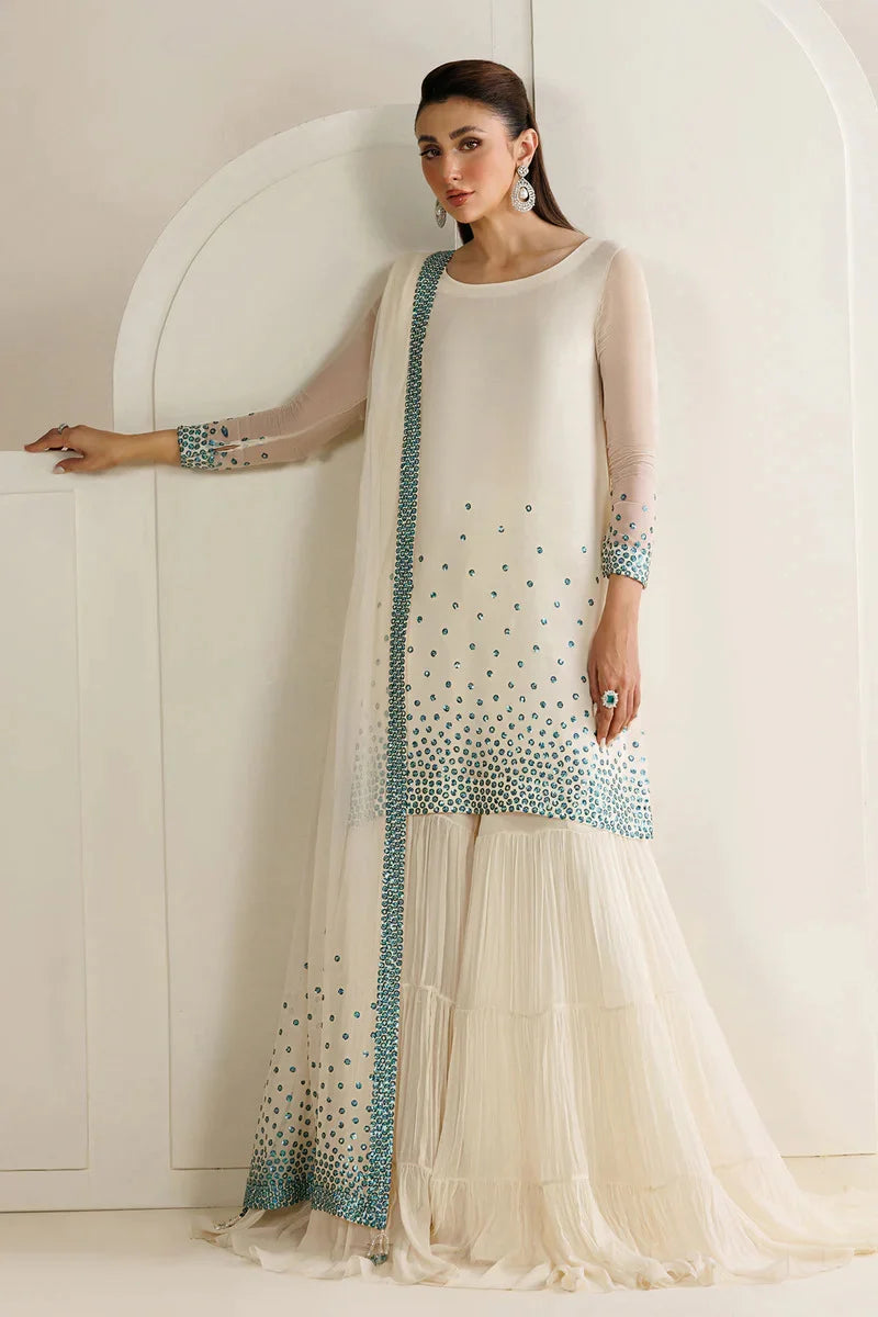 Jazmin unstitched off-white chiffon 3-piece suit featuring aqua blue twill sequin embroidery front view