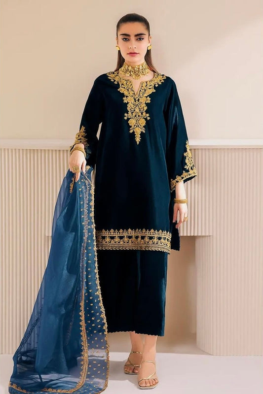 Baroque Velvet Hand Embellished 3Pc Dress - Zinc