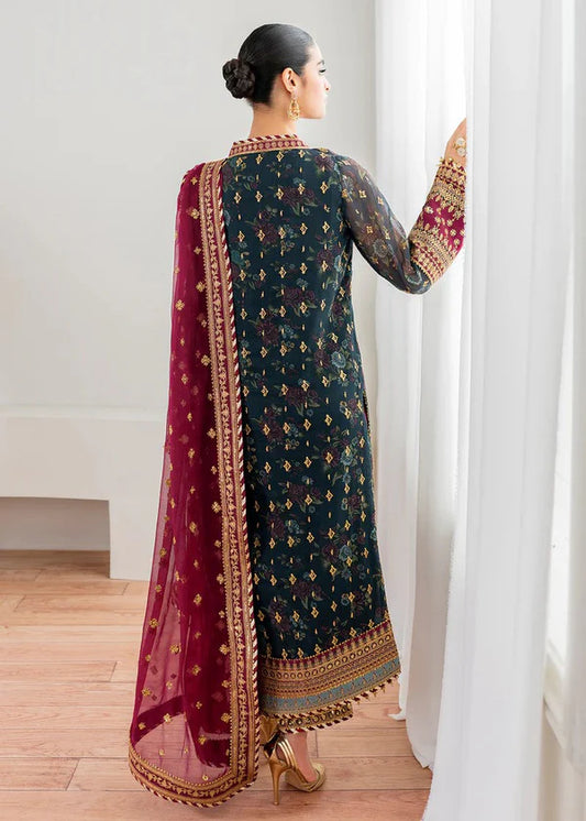 Baroque Hand Embellished Chiffon Self-Print Teal Green Dress