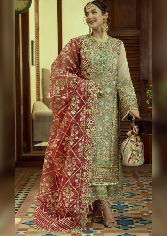 Crimson 3Pcs Organza Embroidered Suit with Embroidered Organza Dupatta & Crape Trouser