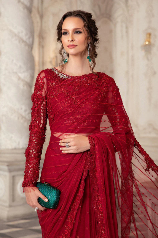 Maria B Red Embroidered Net Saree