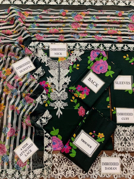 Aneela Green 3Pc Embroidered Lawn Dress