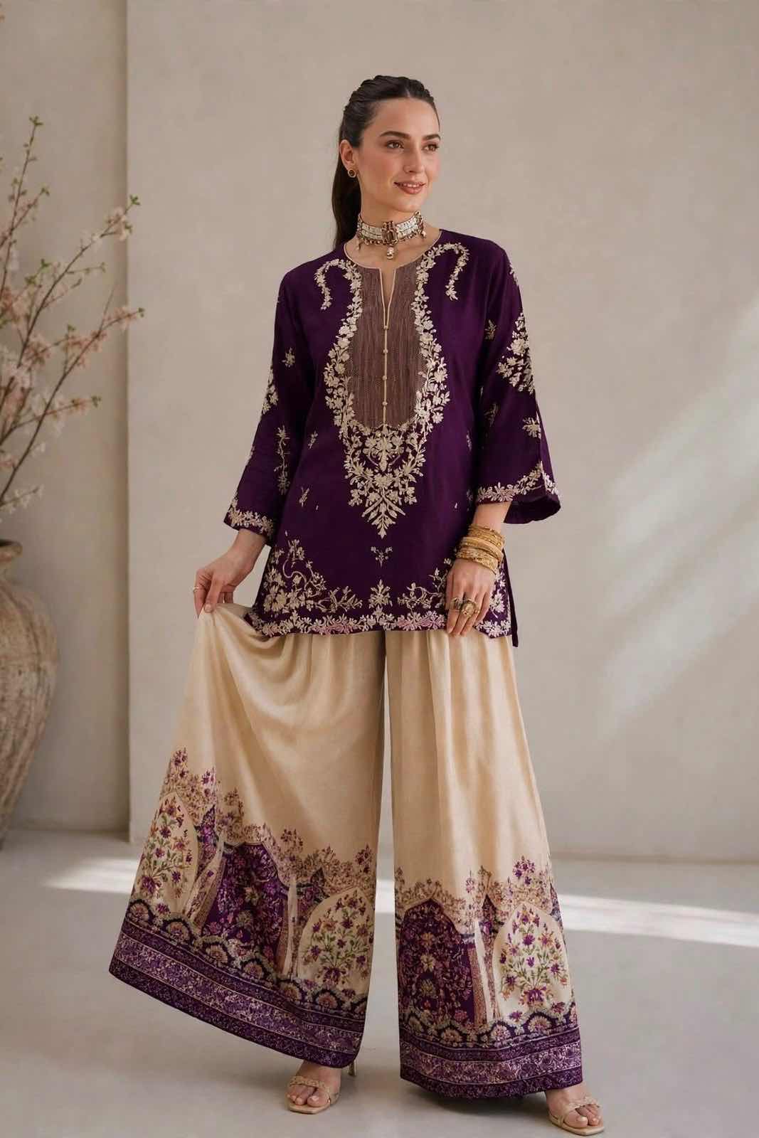 Full-length portrait of a woman standing and looking slightly to the side, wearing the Ethnic Deep Plum Silk Embroidered Kaftan 3Pc. The deep plum tunic has intricate silver floral embroidery, and the wide-leg cream trousers feature a detailed purple patterned border. She wears a pearl choker and gold bangles. Shop Now.