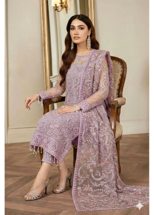 Zarif Lalic 3Pc Net Embroidered Dress