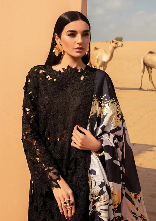 RangRasiya Black Laser Cutwork Lawn Chickenkari Dress