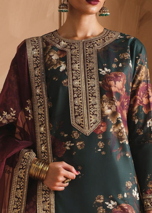 Humjoli Embroidered Dark Green Luxury lawn Dress with Voile Dupatta