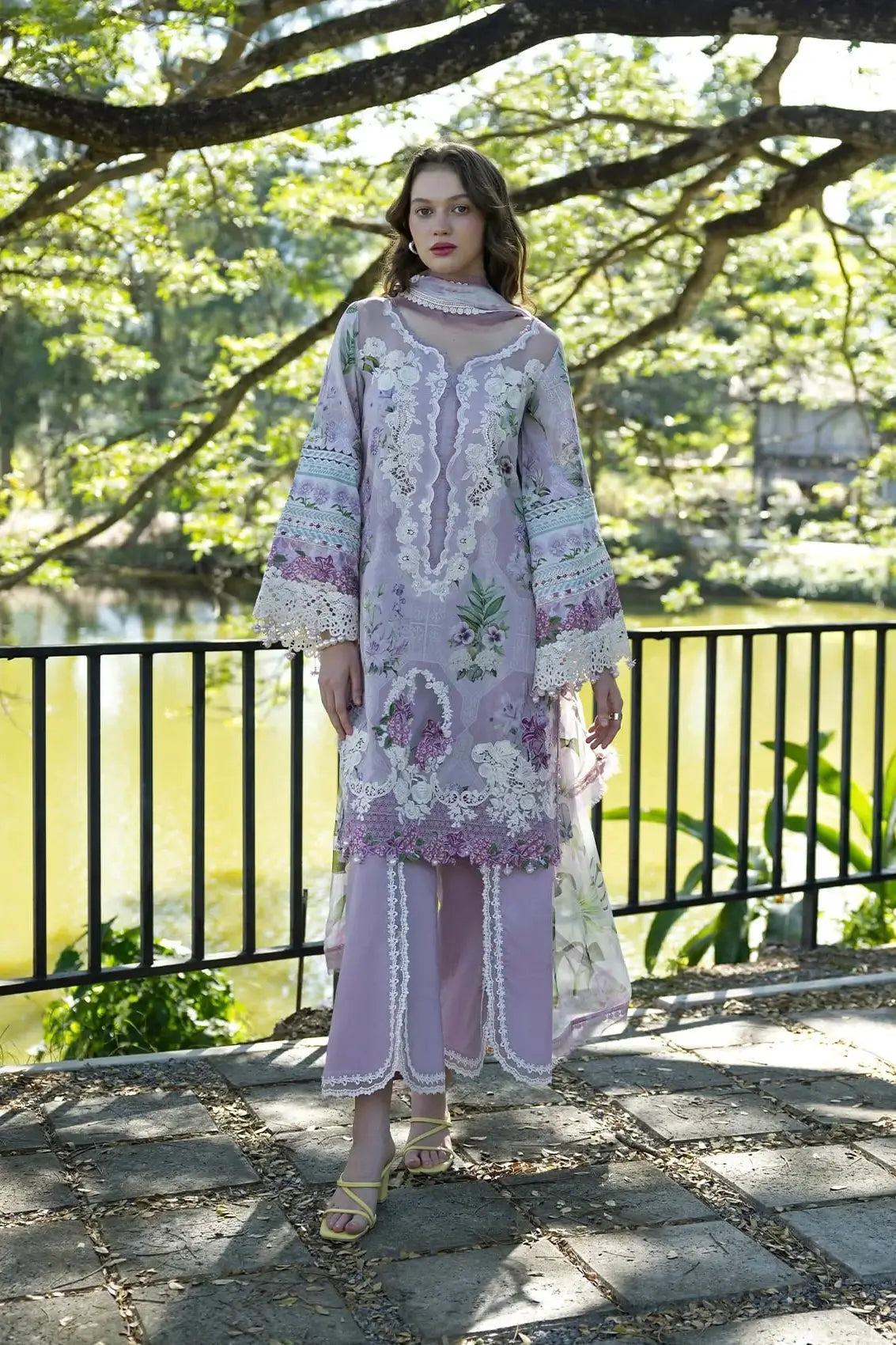 Elaf Premium Embroidered Lawn 8A Front look model standing in garden in bright day light